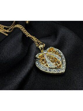 Vintage 1990s Heart Locket Necklace With Gold-Tone & Crystal Accents